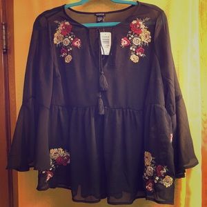 Embroidered Chiffon Bell Sleeve Blouse